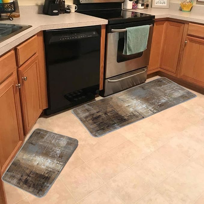 TOMWISH Brown Grey Kitchen Mat 2 Pcs Kitchen Rugs and Mats 17"X48"+17"X24" | Cushioned Kitchen Rug Non Skid Washable for Kitchen Dining Room Floor Home Office Sink Laundry Kitchen Decor and Accessories
