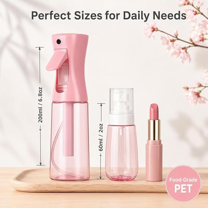 2 Pack Spray Bottles, 6.8oz(200ml) Continuous Spray Bottles & 2oz(60ml) Travel Spray Bottle, Refillable Pink Water Sprayer for Hairstyling, Barbers, Plants, Cleaning, Skincare (PINK)