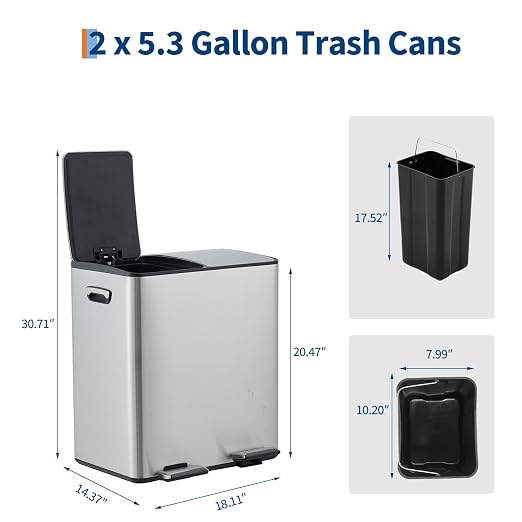 5gal Stainless Steel Double Trash Can with Lid for Kitchen, Large Dual Trash and Recycle Bin Combo, Step-on Kitchen Metal Garbage Cans, PP Inner Buckets, Liner Rim, Sliver