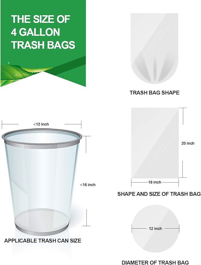 FORID Clear Small Trash Bags, 4 Gallon Garbage Bags, Wastebasket Bin Liners 110 Count Plastic Trash Bags for Bathroom Bedroom Office Trash Can 15 Liters - Durable & Thick Trash Bag