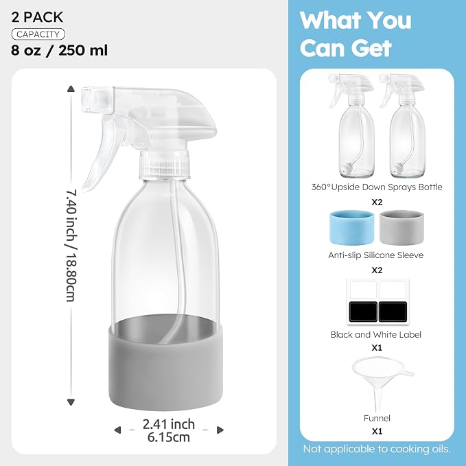 Tecohouse 360° 8 oz Clear Glass Spray Bottles with Silicone Sleeve 2 Pack | 360° All-Angle Spray, Non‑slip Silicone Protective Covers, for Cleaning Solutions, Plants, Hair Care (Black & Brown)