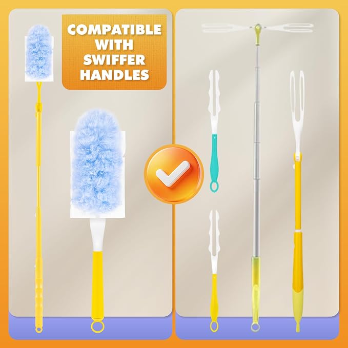Duster Refills for Swiffer Duster, 60 Count with 2 Handles | 3 FT Extended Handle, 2 Sides 360°, 5X Microfiber, Heavy Duty Disposable Dusters for Cleaning Ceiling Fan, Blinds, Vent