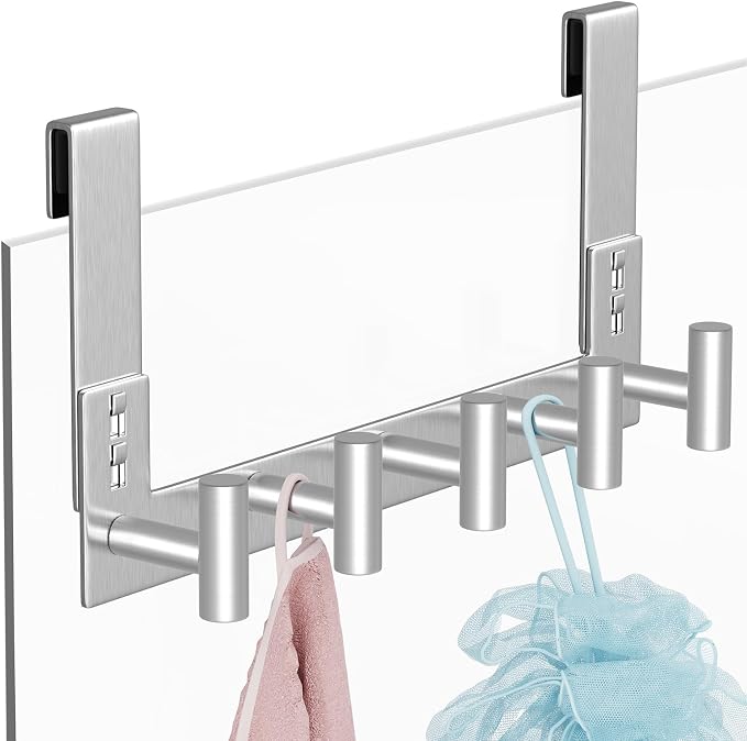 PMMASTO 7.5 Inch Hanger for 3/8 Inch Glass, Silver- 5 Hooks, T Shape | Stainless Steel Hooks Organize Towels And Robes on Frameless Glass Shower Doors in Bathrooms