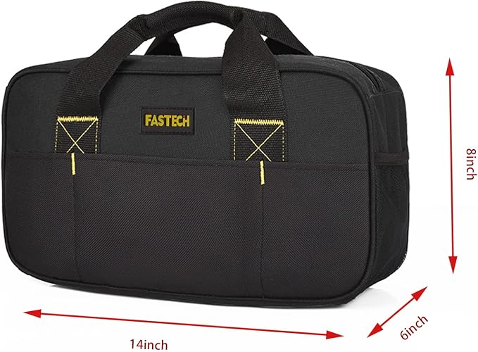 FASTECH 14 Inch Small Tool Bag, Wide Mouth Tool Tote Bag, Waterproof Tool Organizer Bag, Electricians Repairman Tools Tote Bag Double Fabric Storage Bag (Black+Blue)