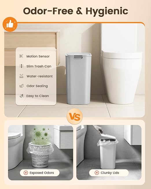 TIPGO 5 Gallon Automatic Bathroom Trash Can with Lid, Gray, Touchless | Motion Sensor, Slim Smart Garbage Bin, Plastic Wastebasket, Battery Operated, Manual Button, for Bedroom, Office,RV