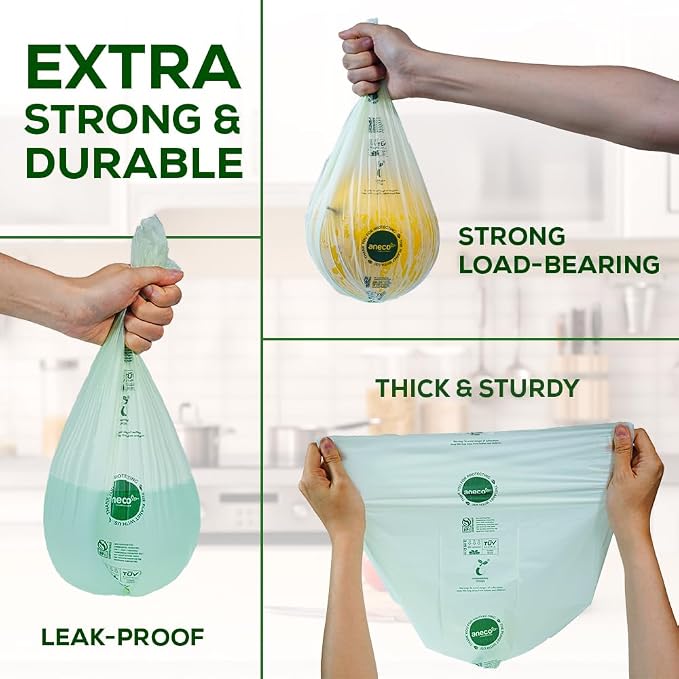 ANECO 100% Home Compostable Food Waste Bags, 1.6 Gallon, 50 Count | Small Kitchen Compost Bags for Countertop Bin, Certified by BPI (ASTM D6400), TUV Austria & OK Compost Home