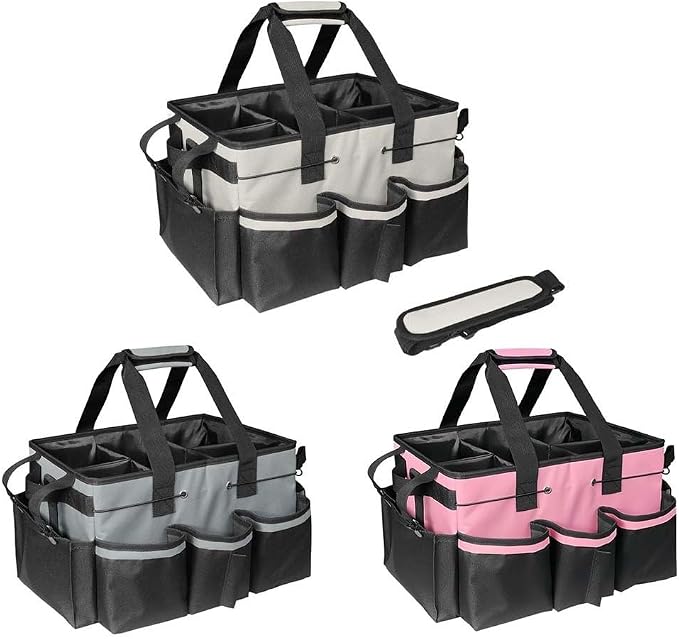 Large Cleaning Caddy Bag with Removable Divider - 600D Oxford Storage Organizer for Supplies, Tools, Spray Bottles - Portable Tote for Housekeeping, Gardening, Car Trunk - Black 14x10x9 Inch(White)