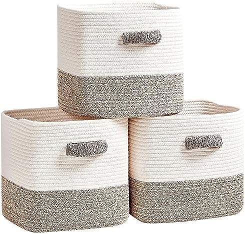 R RUNKA Storage Cube Baskets 3-Pack - 11 inch Square Baskets, Closet & Shelves Organizers - Woven & Drawer Storage - Ideal for Toys | White & Beige