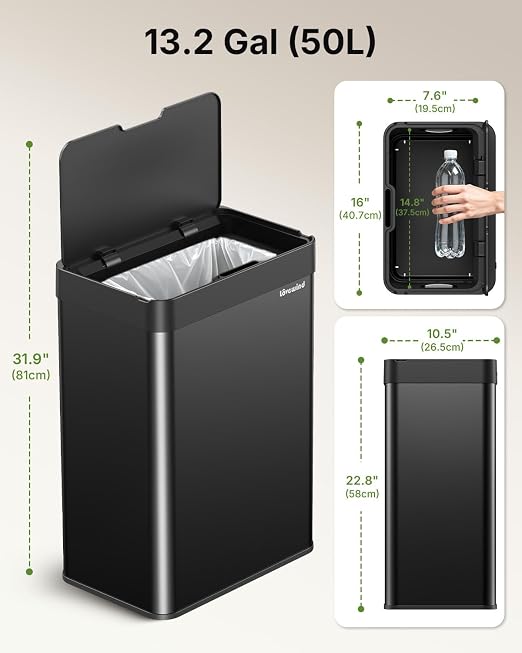 13.2 Gallon Automatic Kitchen Trash Can, Touchless Sensor Garbage Can,Black | Built‑in 1500mAh Rechargeable Battery,Stainless Steel Motion Sensor Trash Can, Silent Close Lid Smart Trash Bin for Home