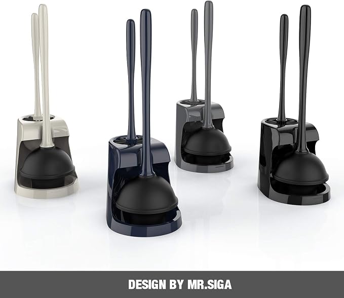 MR.SIGA Toilet Plunger and Brush Combo for Toilet Cleaning, Gray, 2 Set | Heavy duty toilet brush and plunger set, toilet bowl brush and plunger with holder