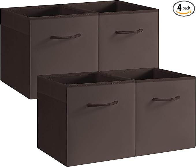 StorageWorks 11in Leather Storage Cubes, Cube Organizer Bins, Brown, 4-Pack | Reinforced Handle & Front Panel, Faux Leather Front, Non-woven Fabric, Collapsible, Space-Saving, For Closet, Bedroom, Office