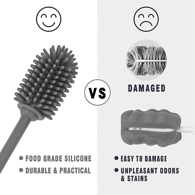 Silicone Bottle Brush with Long Handle, 12.5" Bottle Cleaning Brush, Gray | Water Bottle Cleaner for Baby Bottles, Hydro Flask, Sports Bottle, Vase, Glassware, for Smaller Diameter Bottle Openings
