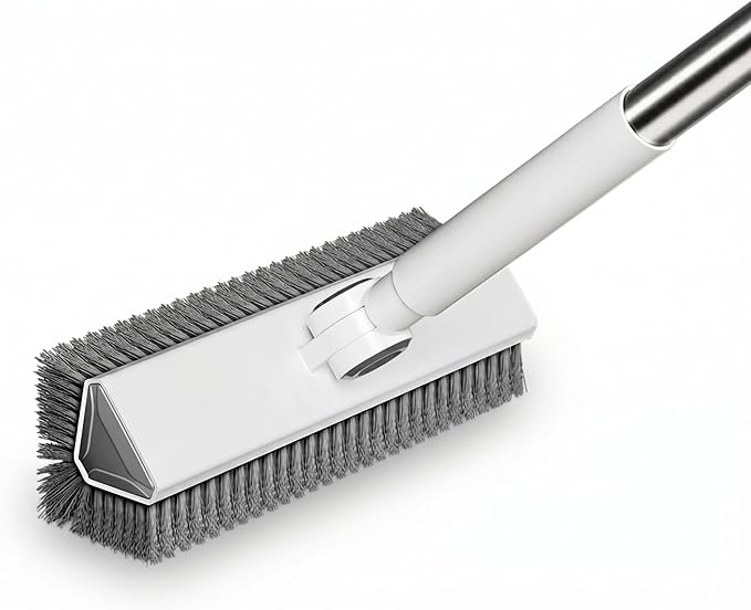 V-Shaped Floor Scrub Brush with Long Handle, Heavy-Duty Stiff Bristle Grout Cleaning Brush, 180° Rotating Tile Scrubber for Bathroom, Shower, Kitchen, Garage, Patio, Deck & Concrete Floors