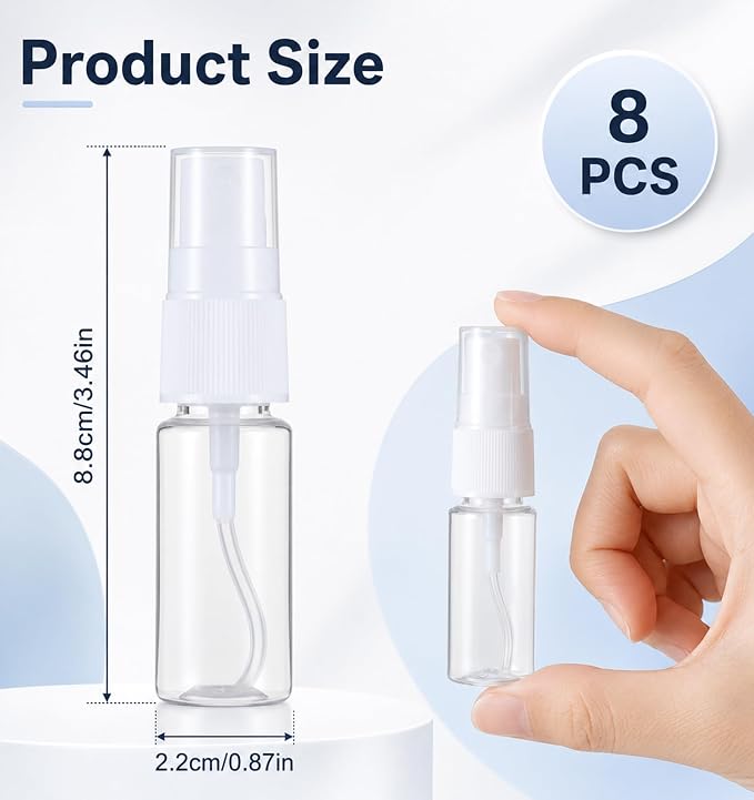 8Pcs Mini Spray Bottle, 0.5oz Travel Spray Bottle Refillable Fine Mist 15ml | Tiny spray bottle delivers fine mist, refillable leak-proof plastic, portable for travel perfume, skincare and daily use.