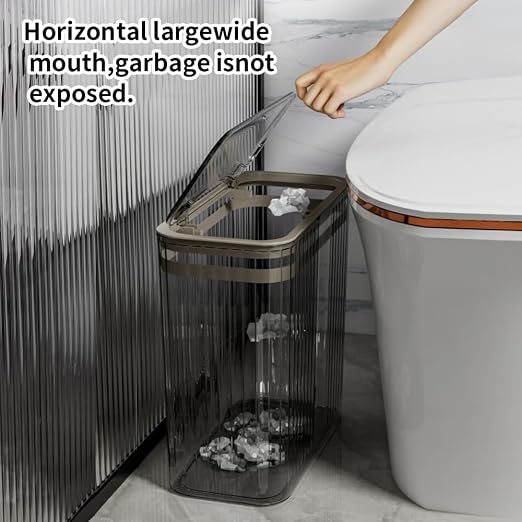 Transparent Trash Can, Bathroom Trash Cans with Lids, 3.5 Gallon Garbage Can for Bedroom, Office, Plastic Slim Waste Basket with Press Top Lid, 15L Clear Trash Bin for Home, Kitchen (Gray)