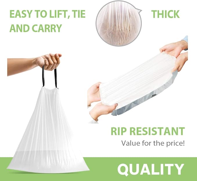 Teivio 1.6 Gallon 120 Counts Strong Drawstring Trash Bags Garbage Bags, Small Bathroom Trash Can Liners, Plastic Waste Basket Liners for Home Office Kitche, White