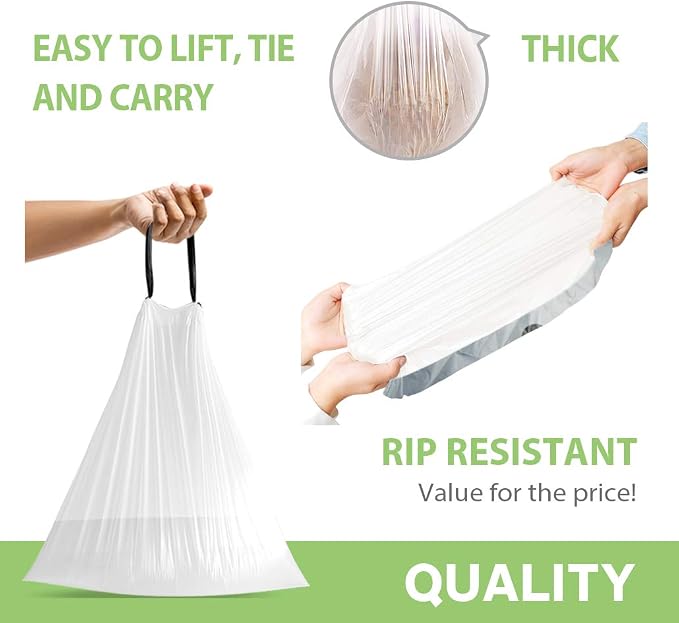 Teivio 8 Gallon 115 Counts Strong Drawstring Trash Bags Garbage Bags, Medium Kitchen Trash Can Bathroom Bin Liners, Plastic Trash Bags for Home Office Kitchen, White