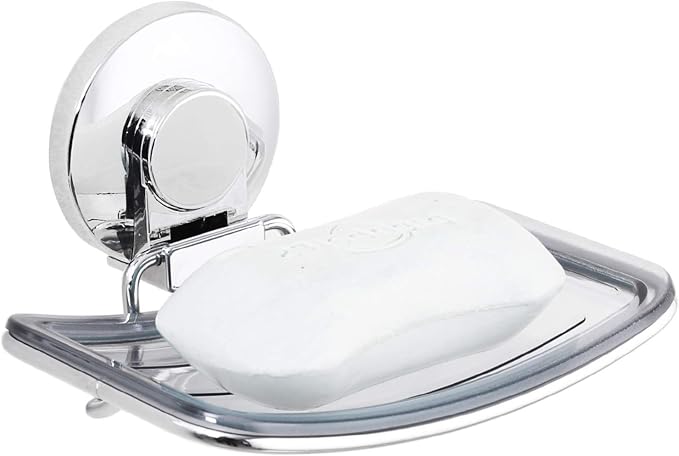 LEVERLOC Chrome Suction Cup Soap Dish Holder for Shower Wall Drill-Free Rustproof Waterproof Wall Mount Strong Suction Removable Bar Soap Sponge Holder for Bathroom Bathtub Kitchen