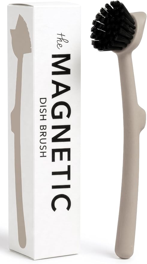 Earth & Mango Magnetic Dish Brush & Scraper, Snaps to Sink, Cacao Brown