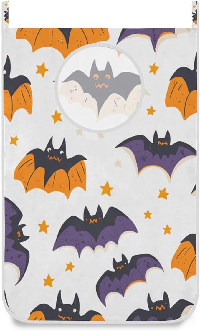 White Halloween Bats and Stars Hanging Laundry Hamper Door Hampers Bag Basket with Stainless Steel Hooks Oxford Fabric Printing Decorative Clothes Bags 29.5X20inch 2Pack