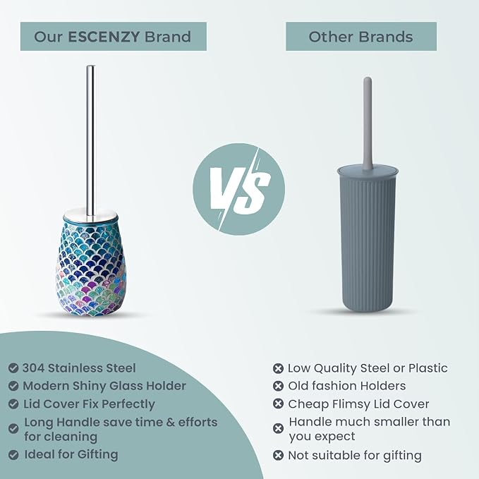 Escenzy Mermaid Toilet Brush and Holder Set | Mosaic Glass Decorative Holder | 304 Stainless Steel Toilet Bowl Brush | Luxury Mermaid Bathroom Decor