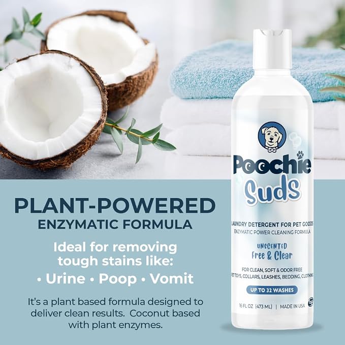 Poochie Suds Pet Laundry Detergent, Enzyme Cleaner and Odor Remover, Hypoallergenic and Fragrance-Free Pet Safe Detergent for Dog and Cat Bedding, Blankets, Toys and Gear, Made in USA, 32 fl oz