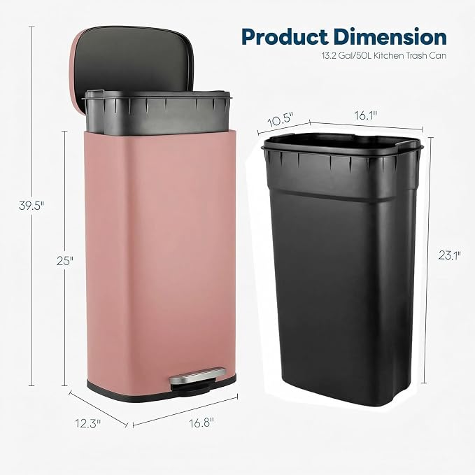 13.2 Gal Kitchen Trash Can, 50L Recycling or Garbage Bin,with Step-On Pedal | Brushed Stainless Steel Waste Basket, Soft&Quiet Close Dustbin, Removable Inner Bucket, for Home, Office, LIving Room