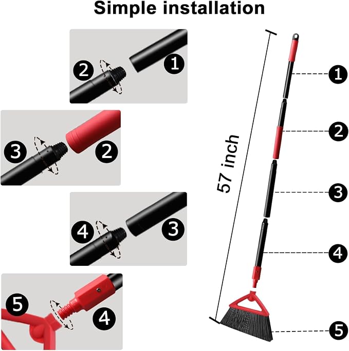 Heavy Duty Red Angle Broom with Long Handle - 4 Pack | Versatile Indoor/Outdoor Sweeping, for Courtyard/Garage/Sidewalk/Kitchen/Lobby/Canteen, Durable & Efficient