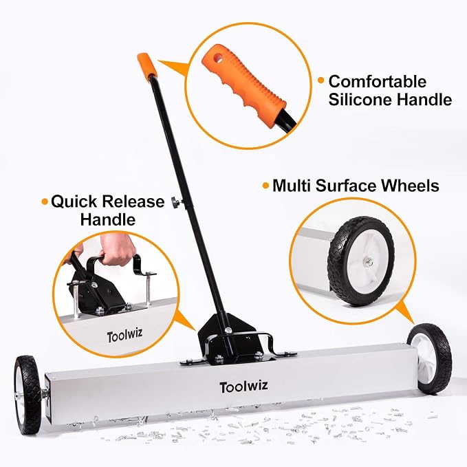 Toolwiz 36" Magnetic Sweeper with Wheels, 50 Lbs Capacity Quick Release | Rolling Magnetic Floor Sweeper, Telescoping Holder, Quick Release Latch, Industrial Heavy Duty Metal Pick Up