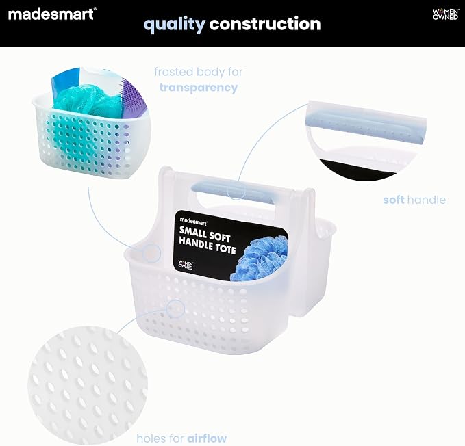 madesmart Shower Tote with Soft Grip Handle, Blue | silicone handle, ventilated sides, portable carry, shampoo soap razors, dorm bathroom, woman owned