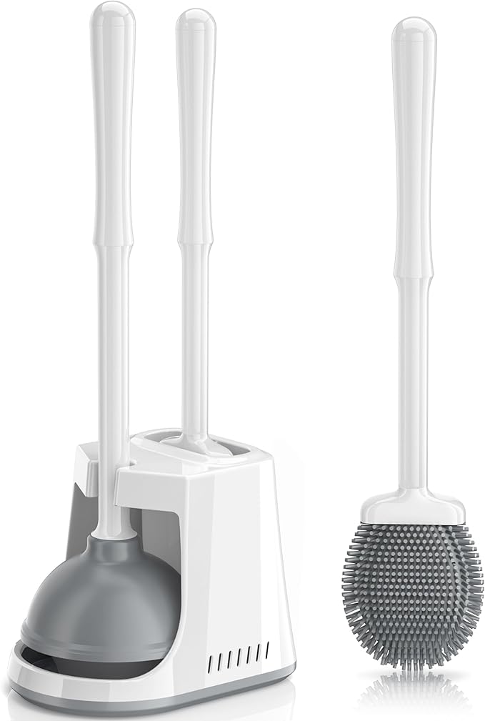 Unique Toilet Plunger and Brush, Silicone Brush and Heavy Duty Toilet Plunger Set with Ventilated Holder, 2-in-1 Toilet Brush and Plunger Combo for Bathroom Cleaning-New Pack (White)