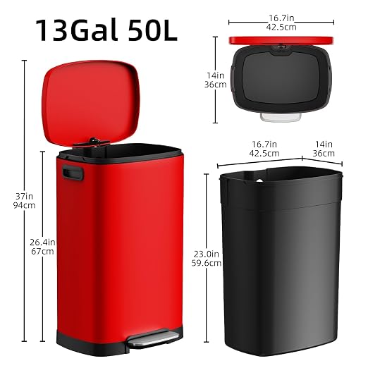 KdbK 13 Gallon Trash Can with Lid, 50L Fingerprint Proof Stainless Steel Kitchen Trash Can with Removable Inner Bucket and Lid Soft Close, Pedal Rubbish Bin for Home Office, Red