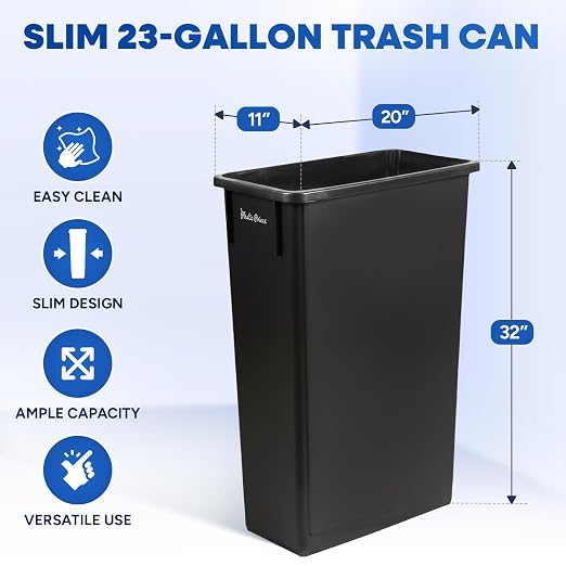 PLASTIC PRINCE 23 Gallon Slim Trash Can Kitchen, Commercial Tall Trash Bin Narrow, Rectangular Slim Jim Skinny Garbage Can for Home Garage Cabinet Restaurant, 6 Pack, Black