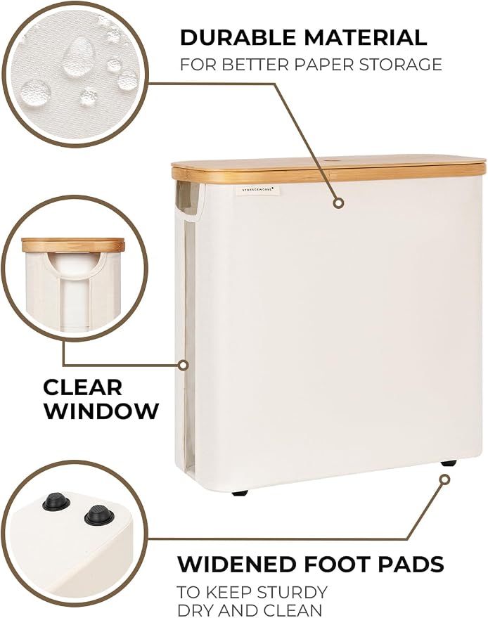 StorageWorks Toilet Paper Storage Basket with Bamboo Lid & Window | See Rolls at a Glance with Clear Window, Holds 16 Regular or 12 Mega Rolls for Bathroom Toilet Paper Storage, Beige