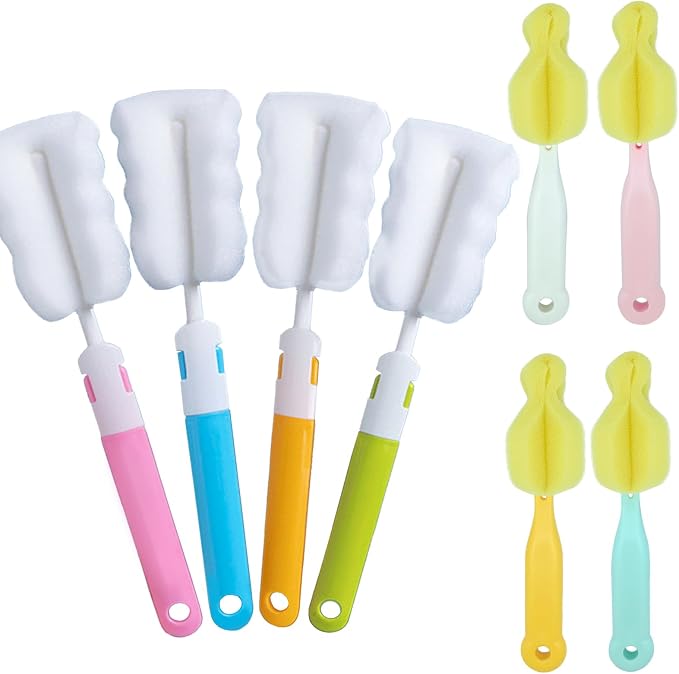INVODA Cleaning Brush Set, 8PCS Portable Bottle & Nipple Brushes Sponge Material, Soft & Fluffy Texture, Comfortable Grip, Hanging Holes, BPA Free, Ideal for Baby Bottles & Cups