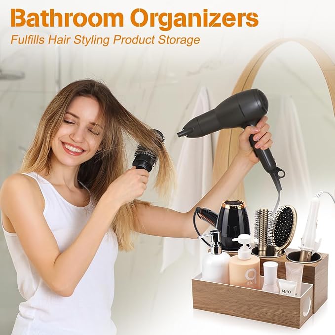 GFWARE Hot Hair Styling Tool Organizer with 3 Stainless Steel Cups, Wood | Hair Accessories Bathroom Vanity Storage, Hair Dryer, Blow Dryer, Curling Iron, Flat Iron, Hot Tools Cooling, Wood-Look