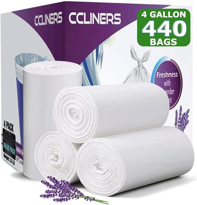 4 Gallon Trash Bag Lavender Scented (440 Count) Small Bathroom Garbage Bags Wastebasket Can Liners White Trash Bags for Home Kitchen Office Bins (440 Bags)