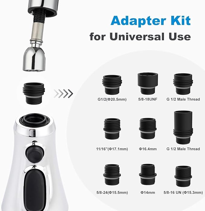 Hibbent Pull Down Spray Head for Kitchen Faucet, 3-Function Spray Nozzle | NSF/ANSI/CAN 61/372 & cUPC Certified Sink Faucet Head Replacement, 15 Adapters, Compatible with Moen, Delta, Kohler, Chrome