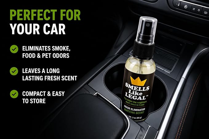Smells Like Legal® Matcha Odor Eliminator Spray, 3 oz Travel Size – Shoe & Fabric Deodorizer, Eliminates Smoke, Pet, Food & Gym Bag Odors, Water-Based, Fabric Safe, Made in USA