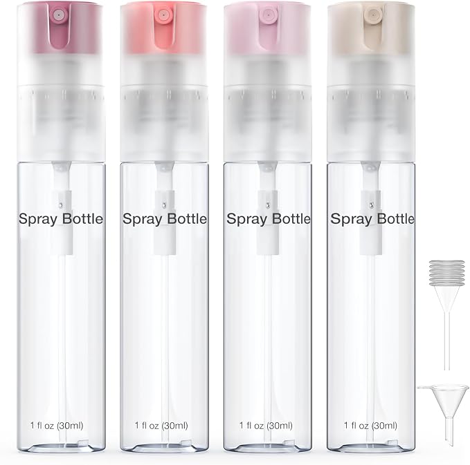 4 Pack Refillable Spray Bottle, Reversible Small Empty Spray Bottle with Fine Mist, Leak Proof - for Cleaning Solutions, Mosquito prevention, Face & Hair Mist - 4pk 1 OZ / 30 ML