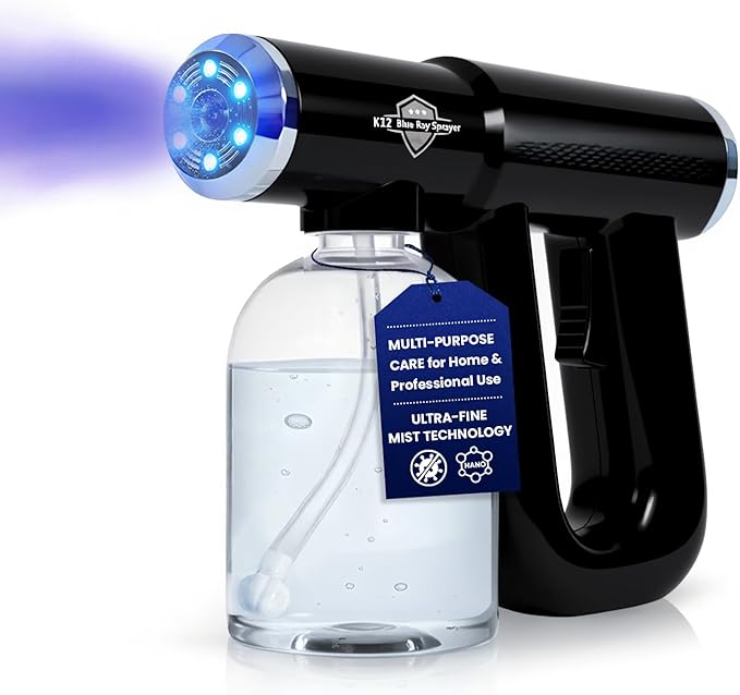 Nano Spray Gun, Cordless Barber Spray Bottle and Mist Atomizer, Black | Continuous Mister for Fades and Hairline Work, 320ml Tank Salon Styling Accessory, Blue Light Nozzle, USB-C, 1 Year Warranty