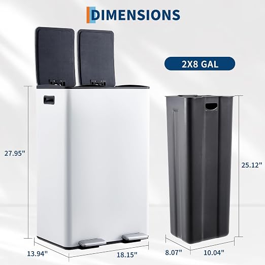 Garvee 16 Gal Dual Compartments Kitchen Trash Can, Stainless Steel, White | 2 x 30L Double Trash and Recycle Bin Combo, Removable Inner Bucket, Soft Close Lids, Metal Step Pedals, for Home Office