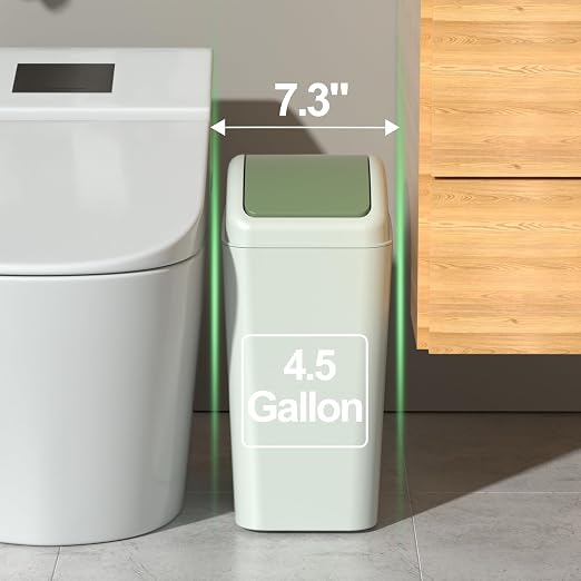 4.5 Gallon Plastic Garbage Can with Swing Lid, Green | Slim Trash Bin for Bathroom