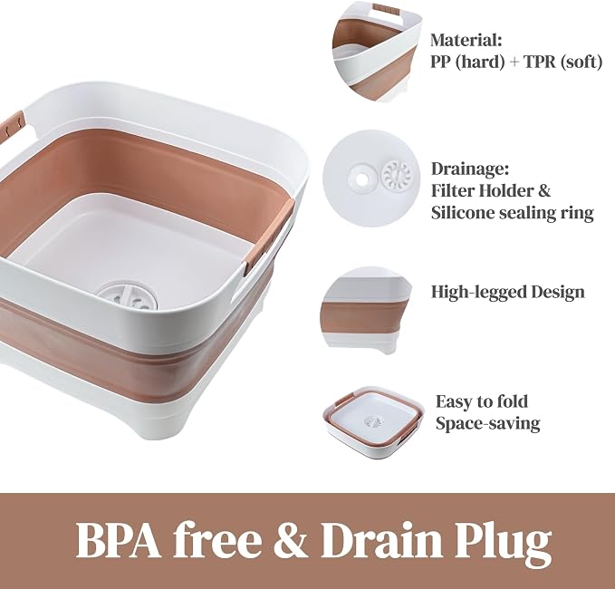 GIMWA 2.6 Gal(10L) Collapsible Wash Basin for Baby Bottles, Space-Saving Collapsible Dish Basin with Drain Plug for Bottle Washing, Collapsible Bucket for RV Kitchen Essentials (Brown)