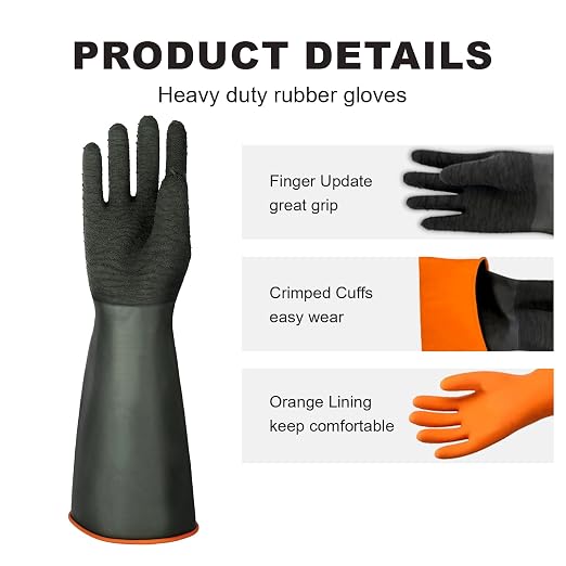 North Tower Heavy Duty Rubber Gloves, Industrial Gloves,Black （14in,1 pair） | Long-lasting and Non-Slip Design,Flexible,Waterproof Reusable for Cleaning, Dishwashing,Industrial and Auto Care. ﻿