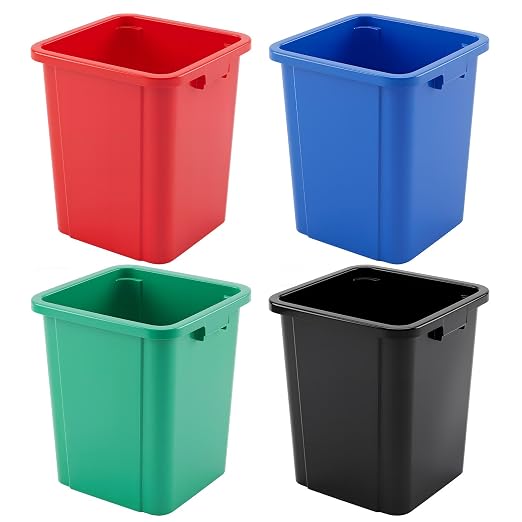 Sintuff 4 Pack 32 Qt Wastebasket Trash Container, 8 Gal Plastic, Stackable Trash Can for Kitchen Bathroom Office Fits Under Sink/Pullout/Desk, Black, Green, Red, Blue