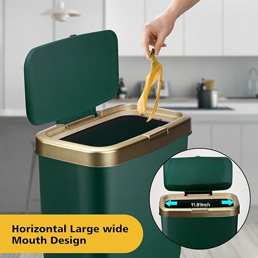 Office Trash Can with Lid, Bathroom Garbage can,4 Gallon Small Kitchen Trash Can with Gold Edge,Modern Green Trash Bin Waste Basket for Bedroom,Living Room, Toilet