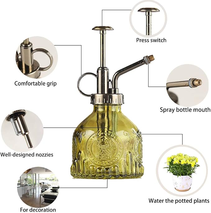 Plant Mister Glass Spray Bottle Small Plant Watering Can 6.4" Tall Retro Indoor Watering Can Bronze Plastic Top Pump for Garden Indoor Plant Sprayer