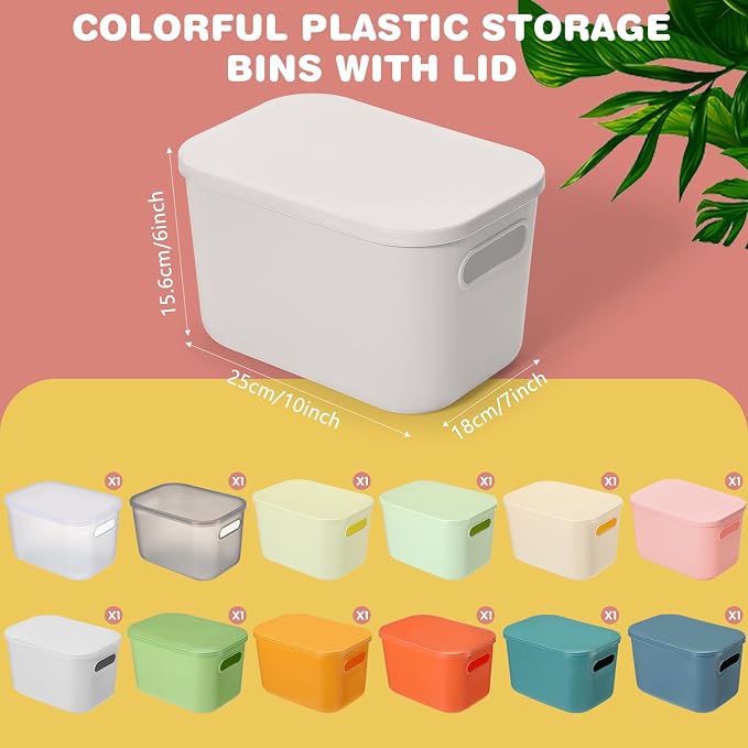 Thyle 12 Pack Classic Color Storage Bins with Lids for Classroom | Stackable with Handles and Labels, Organizer for Toy Craft Classroom Storage, Shelf Bedroom Organizing, 10x7x6 Inch