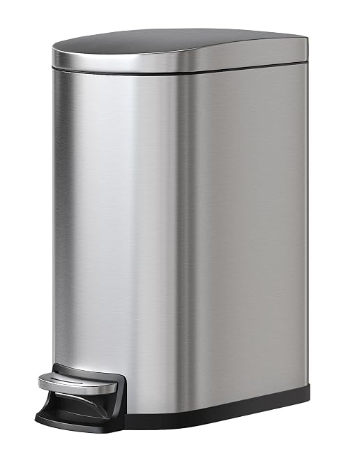 GarveeHome 13 Gal / 50 L Stainless Steel Kitchen Trash Can with Lid, Slim Step-On Garbage Bin, Large Rustproof Metal Trash Can with Soft Close, Inner Bucket & Rear Handle, Silver